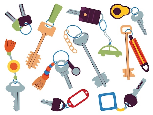 Different key collection Keys on keychain elements for opening apartments cars diverse padlocks Property or home accessories decent vector set