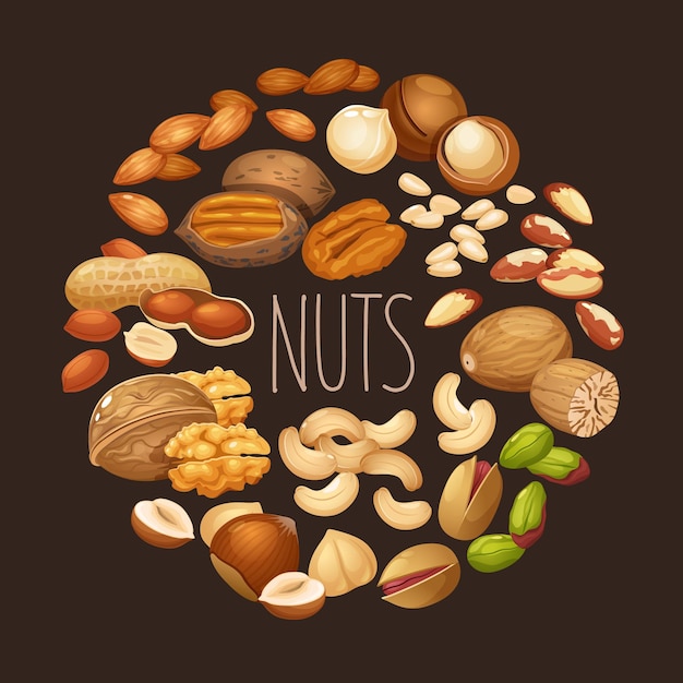 different nuts types in round frame with lettering isolated on brown background