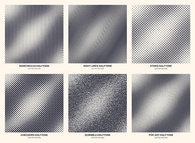 Different Variations Halftone Texture Set Vector Geometric Wavy Pattern Isolated On White Background. Various Halftone Gradient Collection Semi Circle Wavy Line Star Checkers Scribble Pop Art Dot