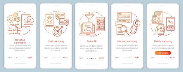 Digitaalisen markkinoinnin taktiikat oranssi aloitusnäytön mobiilisovellussivun vektoripohja. Mainoskampanjan läpikäynti verkkosivuston vaiheet lineaarisilla kuvituksilla UX UI GUI älypuhelimen käyttöliittymäkonsepti