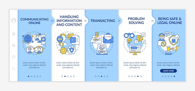 Digitaalisten taitojen oppimisen perehdytysvektorimalli. Responsiivinen mobiilisivusto kuvakkeilla. Verkkosivun läpikäynti 5-vaiheiset näytöt. Digitalisaation värikonsepti lineaarisilla kuvituksilla