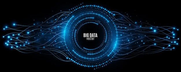 Digital circles of glowing blue dots with neural connectors. Big Data visualization into cyberspace. Connection in the network of files. Modern futuristic background. Vector illustration.