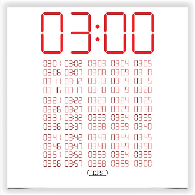 Digital clock closeup displaying 3 o'clock Red Digital clock number set electronic figures Premium Vector