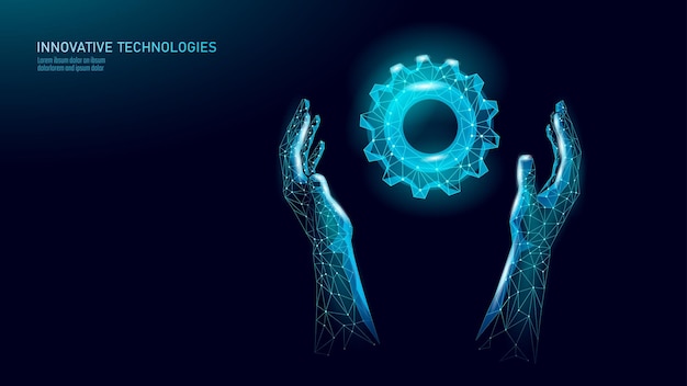 Digital hands holding cogwheel illustration polygonal arms support gear symbol technology