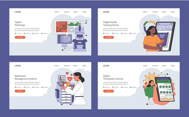 Digital healthcare interface set showcases pathology analysis health diaries medication systems and
