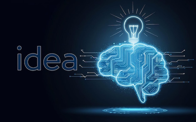 Digital illustration featuring a glowing blue brain and a light bulb