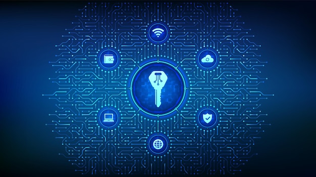 Digital key Electronic key Digital signature Personal Data protection Cyber security password and access control Background with circuit board connections and tech icons Vector Illustration