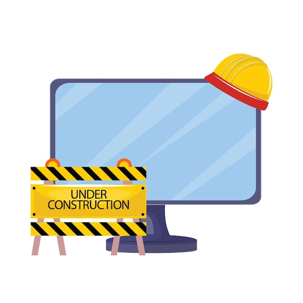 Digital maintenance illustration with construction barrier and safety helmet on blue screen