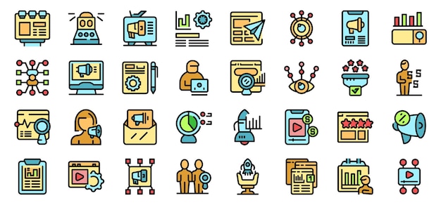 Digital marketing strategy engaging audience with engaging content and achieving business goals icons set vector