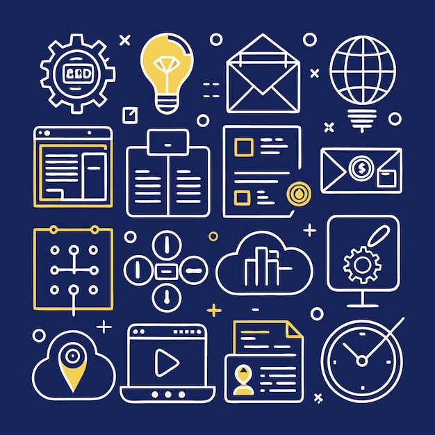 Digital marketing strategy with line icons on blue background