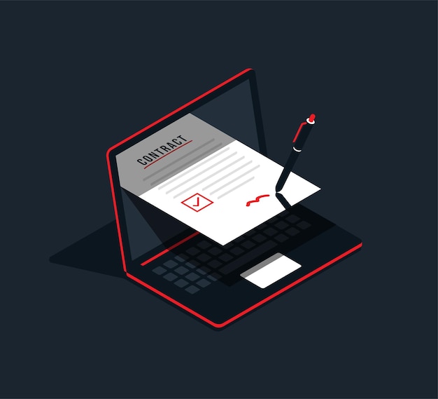 digital signature and smart contract concept isometric laptop with pencil signing document online