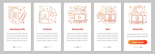 Digital software onboarding mobile app page screen with linear concepts Attachment file mail multimedia contacts file deleting steps graphic instruction UX UI GUI vector template with illustration