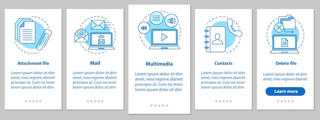 Digital software onboarding mobile app page screen with linear concepts. Attachment file, mail, multimedia, contacts, file deleting steps graphic instructions. UX, UI, GUI vector illustrations