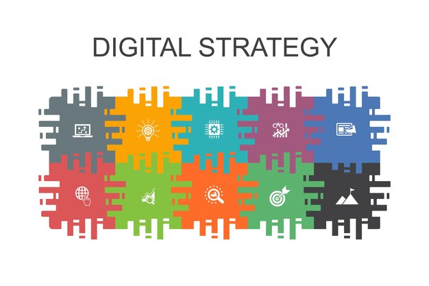 Digital strategy cartoon template with flat elements. Contains such icons as internet, SEO, content marketing, mission