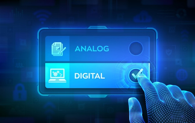 Digital transformation Digitization of business processes and technology Analog or Digital choice concept Hand on virtual touch screen ticking the check mark on Digital button Vector illustration