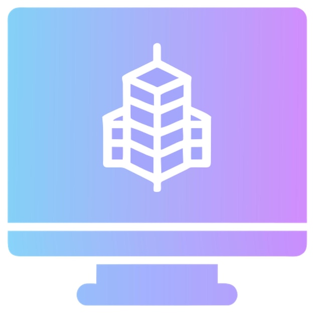 digital twin icon with a 3d building and a computer screen in blue tones icon