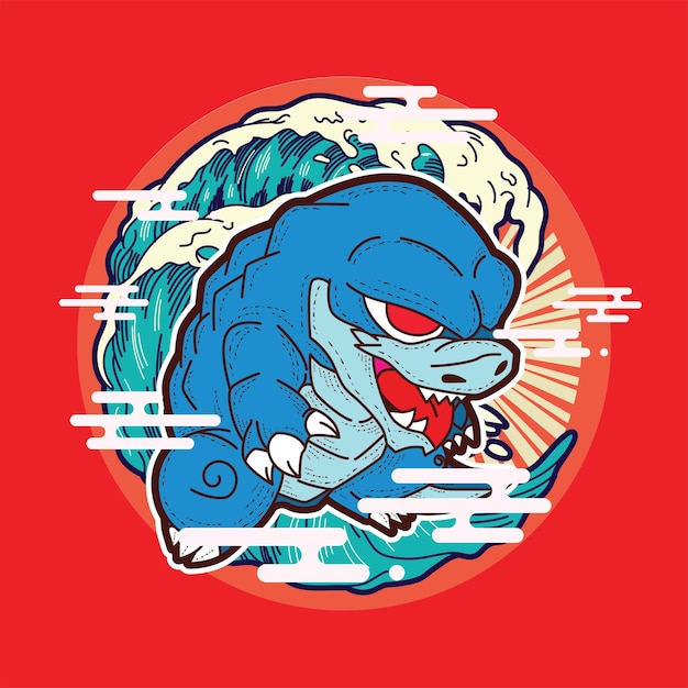 dinosaur illustration with japanese style for kaijune event, notebook, logo