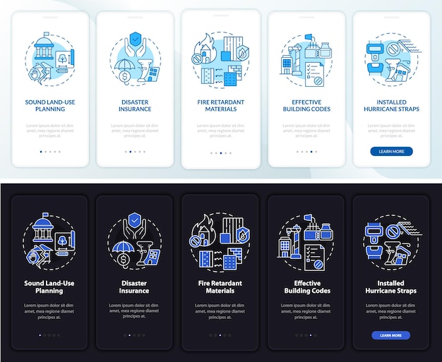 Disaster mitigation involves night and day mode onboarding mobile app screen