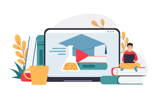 Distance education Boy sitting on pile of books and holding tablet Big device screen with chemistry lesson