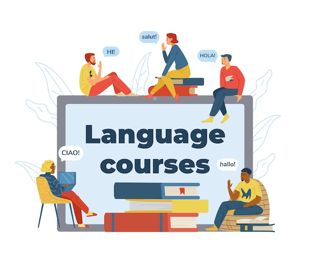 distance language courses concept with tiny people sitting at backdrop with tablet and books flat vector illustration foreign languages studying online