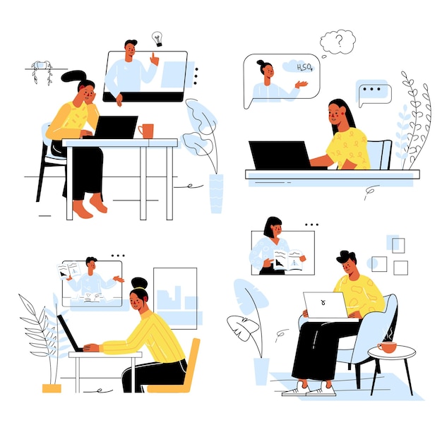 Distance learning concept set in flat line design men and women students study remotely using laptop