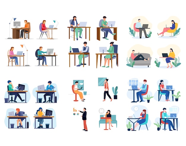 Diverse people working at desks colorful cartoonstyle illustrations various work poses