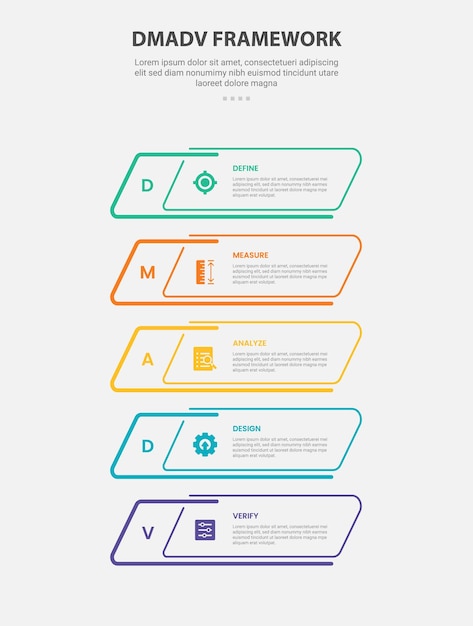DMADV framework infographic outline style with 5 point template with skew rectangle box container on vertical position for slide presentation