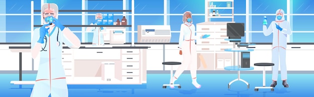doctors team holding test tubes with coronavirus cells sample vaccine development fight against covid-19