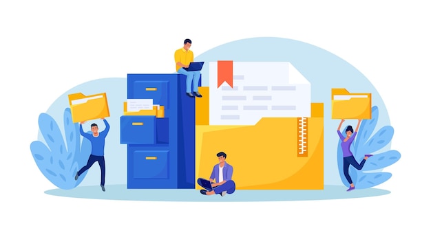 Document archiving and storage Business people search files in archives Support service database Men working with information documents and statistics in analytical department Folder in archive