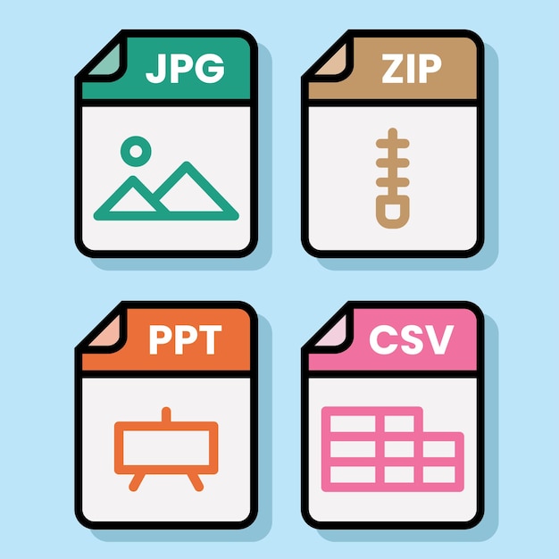 Document file folder download vector color format pdf doc xls jpg zip txt png json ppt csv xml ai mp
