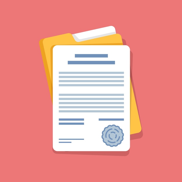 Document folder with stamp and text icon in flat style White papers vector illustration on isolated background Confirmed or approved document sign business concept