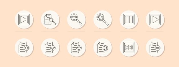 Document media set icon Play search zoom add file check star reject forward pause magnify document control Digital file management media playback interface elements Vector line icon