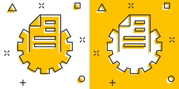 Document with gear icon in comic style Big data processing cartoon vector illustration on white isolated background Paper sheet software splash effect solution business concept