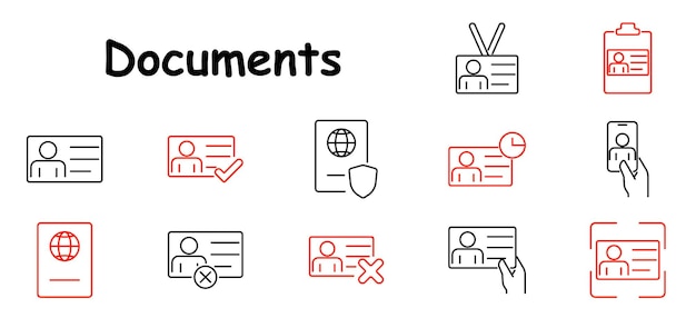 Documents set icon ID card passport verification expiration shield clipboard profile scan approval identity access rejection