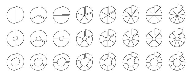 Donut and pie chart with cut slices Wheel and circle diagrams with set Outline sections collection