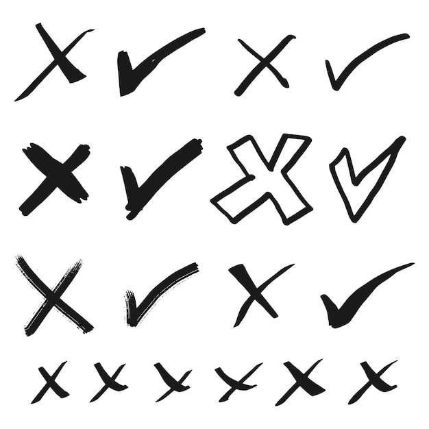 Doodle check mark and cross mark icon set Tick symbol checklist signs vector illustration