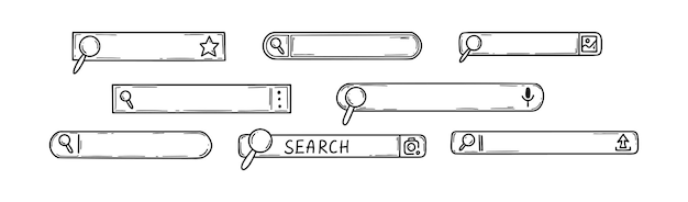 Doodle picture photo voice search bar set Hand drawn internet information find