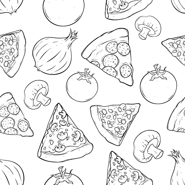doodle tasty pizza slice with tomato onion and mushroom in seamless pattern