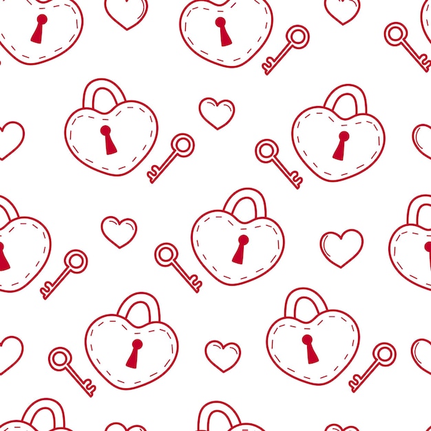 Doodle valentine day seamless pattern Cartoon Valentine line art Love heart key lock card