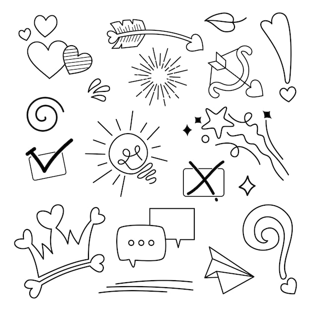 Doodle vector set illustration with hand draw line art style vector. Crown, king, sun, arrow, heart, love, star, swirl, swoops, emphasis, for concept design