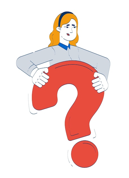 Doubted caucasian woman holding question mark 2D doodle character