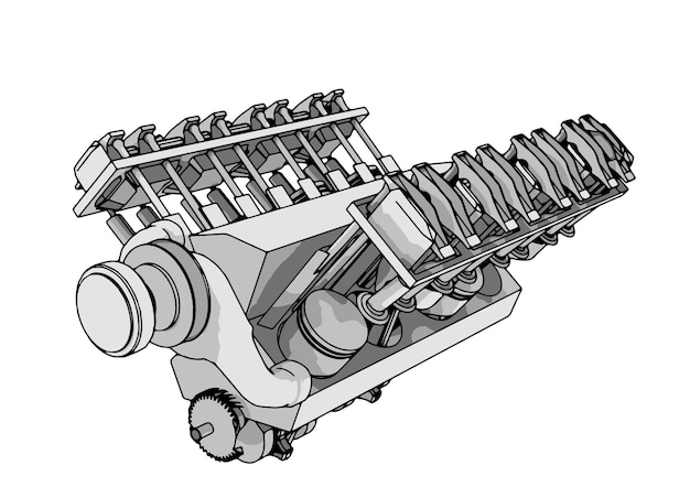drawing of an internal combustion engine on a white background vector