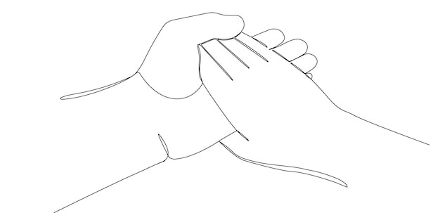 Drawing of Womans hand that rests on the palm of mans hand in one continuous editable line Vector illustration