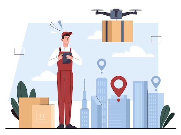 Drone delivery technology concept Modern technologies and innovations Man with parcels boxes Logistics and transportation Online shopping and mail Cartoon flat vector illustration