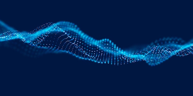 Dynaaminen sininen hiukkasaalto. Abstrakti äänen visualisointi. Verkkomaasto tai ruudukon datateknologia
