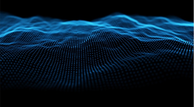 Dynaaminen sininen hiukkasaalto. Abstrakti äänen visualisointi. Virtaava digitaalinen rakenne.