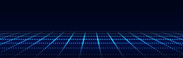 Dynamic flow of shine blue digital particles Perspective grid of glowing interlaced dots Network connection structure Big data visualization Vector illustration