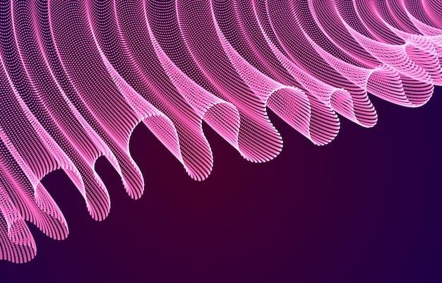 Dynamic magic particles wave flowing over dark, transparent tulle textile on wind. Dotted curves vector abstract background. Beautiful 3d wave shaped array of blended points.