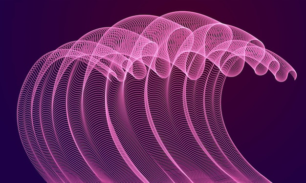 Dynamic magic particles wave flowing over dark, transparent tulle textile on wind. Dotted curves vector abstract background. Beautiful 3d wave shaped array of blended points.