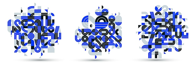 Dynamic messy abstract vector design compositions set blue minimal lined modern art collection stylish geometry elements isolated over white